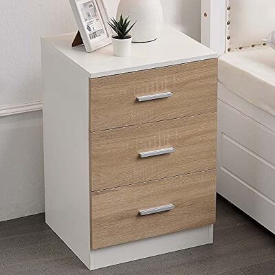 BAKAJI Sängbord Sovrum Byrå 3 Lådor Metallhandtag Modern Design TräMDF Möbler Hem Storlek 68 x 40 x 38 cm Färg Vit Ek BAKAJI Sängbord Sovrum Byrå 3 Lådor Metallhandtag Modern Design TräMDF Möbler Hem Storlek 68 x 40 x 38 cm Färg Vit Ek