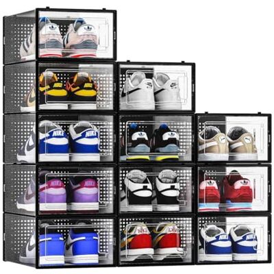 Seseno 12-pack skoförvaringskorgar, klar plast stapelbar skoförvaring för garderob, platsbesparande vikbart skoställ, skobox sneakerhållare behållare, svart ram Seseno 12-pack skoförvaringskorgar, klar plast stapelbar skoförvaring för garderob, platsbesparande vikbart skoställ, skobox sneakerhållare behållare, svart ram
