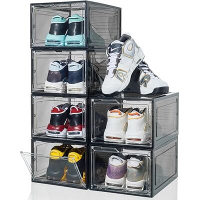 ZLLZUU Shoe Organizer Shoe Storage Boxes, 6 Pack Large Drop Front Shoe Boxes with Magnetic Door, Clear Plastic Stackable Shoe Containers (Black) ZLLZUU Shoe Organizer Shoe Storage Boxes, 6 Pack Large Drop Front Shoe Boxes with Magnetic Door, Clear Plastic Stackable Shoe Containers (Black)