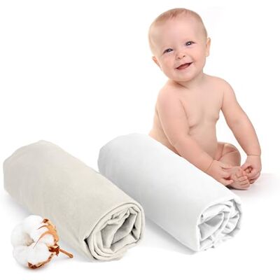 Dreamzie 2 ST JERSEY BOMULLSDRAPERIER För Madrass Set of 2 (60 x 120 x 12 cm), För Babysäng, Certifierade Fria Från Kemiska Produkter (OEKO TEX), Vit och Beige, Spännlakan Med Elastik Dreamzie 2 ST JERSEY BOMULLSDRAPERIER För Madrass Set of 2 (60 x 120 x 12 cm), För Babysäng, Certifierade Fria Från Kemiska Produkter (OEKO TEX), Vit och Beige, Spännlakan Med Elastik