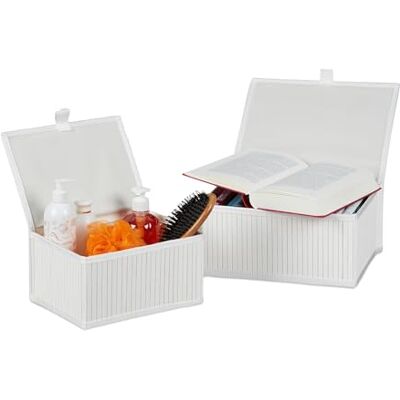 Relaxdays Förvaringskorg, uppsättning av 2 storlekar, med lock, badrum, barnrum, bambu och tyg, förvaringslåda, vit Relaxdays Förvaringskorg, uppsättning av 2 storlekar, med lock, badrum, barnrum, bambu och tyg, förvaringslåda, vit