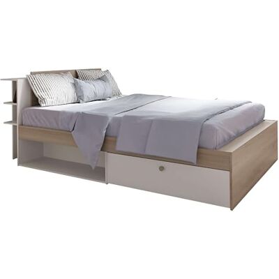 Demeyere 140 x 190/200 säng med industriell förvaring 2 lådor 2 nischer färg matt svart och ljus ek 144,7 x 227 x 87,7 cm Demeyere 140 x 190/200 säng med industriell förvaring 2 lådor 2 nischer färg matt svart och ljus ek 144,7 x 227 x 87,7 cm