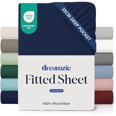 Dreamzie Lakan 90x190 Keps 35 cm för tjock madrass 100% mikrofiber Mörkblå, certifierad kemikaliefri (Oeko TEX), Lakan med full resår Dreamzie Lakan 90x190 Keps 35 cm för tjock madrass 100% mikrofiber Mörkblå, certifierad kemikaliefri (Oeko TEX), Lakan med full resår