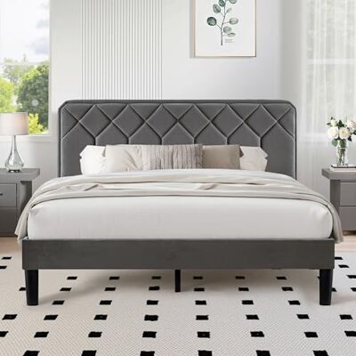 VECELO Vadderad dubbelsäng, plattform, massivt trä ribbhållare, ingen resårsäng krävs, sammetstyg, lätt att montera, grå, 140 x 190 cm VECELO Vadderad dubbelsäng, plattform, massivt trä ribbhållare, ingen resårsäng krävs, sammetstyg, lätt att montera, grå, 140 x 190 cm