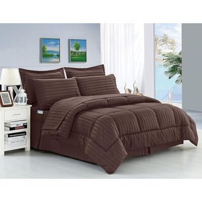 Elegant Comfort ® Skrynkelbeständig – silkeslen mjuk dobby rand säng-i-en-väska 8-delat täcke set – allergivänlig – full/queen, choklad Elegant Comfort ® Skrynkelbeständig – silkeslen mjuk dobby rand säng-i-en-väska 8-delat täcke set – allergivänlig – full/queen, choklad
