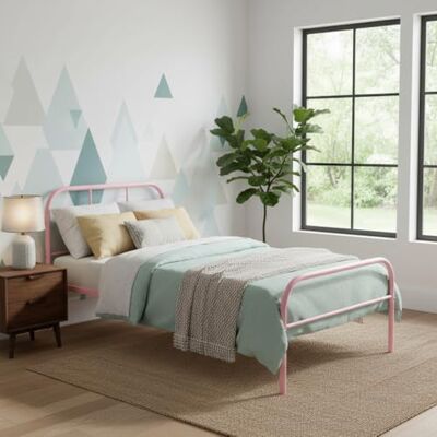 FurnitureR Enkel sängram i metall, färgglad sängram med lamellram och sänggavel, säng för sovrum juniorsäng, lämplig för 190 x 90 cm madrass, rosa FurnitureR Enkel sängram i metall, färgglad sängram med lamellram och sänggavel, säng för sovrum juniorsäng, lämplig för 190 x 90 cm madrass, rosa