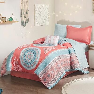 Intelligent Design Komplett säng i en väska, avslappnad boho täcke med lakanset, dekorativ kudde, sängkläder för alla årstider, Twin XL, Loretta korall, 7 delar Intelligent Design Komplett säng i en väska, avslappnad boho täcke med lakanset, dekorativ kudde, sängkläder för alla årstider, Twin XL, Loretta korall, 7 delar