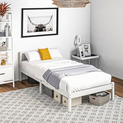 HOMCOM Sängram i massivt trä 90 x 190 cm enkelsäng med integrerat huvud och solid ribbotten för barn vuxna vit HOMCOM Sängram i massivt trä 90 x 190 cm enkelsäng med integrerat huvud och solid ribbotten för barn vuxna vit