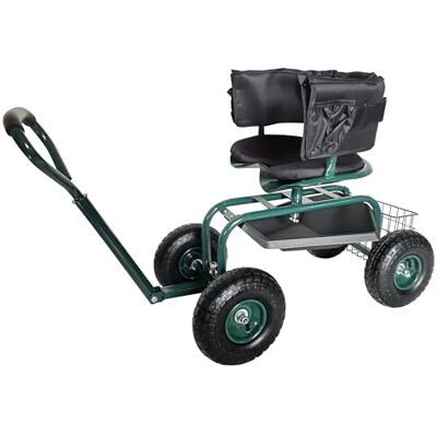 Relaxdays mobil trädgårdsstol, justerbar höjd, 150 kg, förvaringsutrymme, styrstång, sittkudde, ryggstöd, trädgårdsvagn, grön Relaxdays mobil trädgårdsstol, justerbar höjd, 150 kg, förvaringsutrymme, styrstång, sittkudde, ryggstöd, trädgårdsvagn, grön