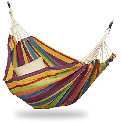 Relaxdays stor brasiliansk hängmatta för två, utomhus dubbel resehängmatta i bomull, 150x272cm, max 300 kg, färgglad Relaxdays stor brasiliansk hängmatta för två, utomhus dubbel resehängmatta i bomull, 150x272cm, max 300 kg, färgglad