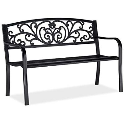 Relaxdays trädgårdsbänk, utebänk med två sitsar, sittbänk med klassiska ornament i gjutjärn, BxDxH 127x60x86,5 cm, svart Relaxdays trädgårdsbänk, utebänk med två sitsar, sittbänk med klassiska ornament i gjutjärn, BxDxH 127x60x86,5 cm, svart