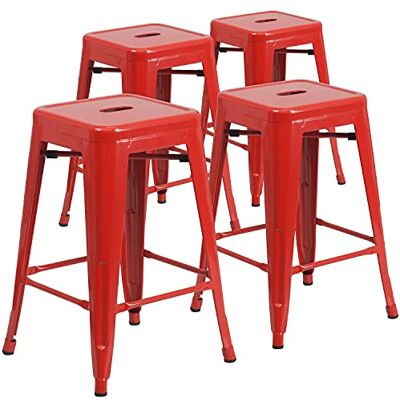 Flash Furniture Lily 4-pack kommersiell kvalitet 61 cm hög rygglös röd metall inomhus – utomhus bänkhöjd pall med fyrkantigt säte Flash Furniture Lily 4-pack kommersiell kvalitet 61 cm hög rygglös röd metall inomhus – utomhus bänkhöjd pall med fyrkantigt säte