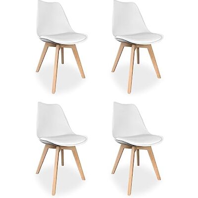 Homey , Förpackning med 4 vadderade skandinaviska stolar för kök, vardagsrum eller matsal, modell Sene, träben, praktiska och funktionella, enkla montering, vit färg Homey , Förpackning med 4 vadderade skandinaviska stolar för kök, vardagsrum eller matsal, modell Sene, träben, praktiska och funktionella, enkla montering, vit färg