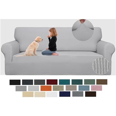 JIVINER Hög stretch sofföverdrag för 3 kuddar, 1-del, jacquard, soffskydd, halkskydd sofföverdrag med elastisk botten, möbelskydd för barn, husdjur (soffa, ljusgrå och vit) JIVINER Hög stretch sofföverdrag för 3 kuddar, 1-del, jacquard, soffskydd, halkskydd sofföverdrag med elastisk botten, möbelskydd för barn, husdjur (soffa, ljusgrå och vit)