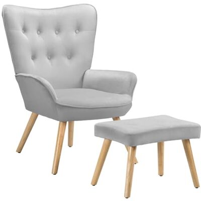 BAKAJI Fåtölj med vardagsrumspall, fåtölj med fotpall för vardagsrum, vadderad sovrumsstol med mjukt sammetsöverdrag, höga armstöd, modern design (grå) BAKAJI Fåtölj med vardagsrumspall, fåtölj med fotpall för vardagsrum, vadderad sovrumsstol med mjukt sammetsöverdrag, höga armstöd, modern design (grå)