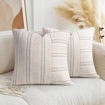 AELS 45 x 45 dekorativt bondgård linne prydnadskudde, boho texturerat kuddfodral, set med 2, beige med vit och grå rand lapptäcke kuddöverdrag för soffa vardagsrum (endast fodral) AELS 45 x 45 dekorativt bondgård linne prydnadskudde, boho texturerat kuddfodral, set med 2, beige med vit och grå rand lapptäcke kuddöverdrag för soffa vardagsrum (endast fodral)