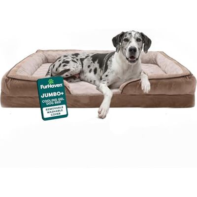 Furhaven Perfekt komfort plysch och sammet vågor soffa stil kylgel skum hundbädd Brownstone, jumbo Plus (XXL) Furhaven Perfekt komfort plysch och sammet vågor soffa stil kylgel skum hundbädd Brownstone, jumbo Plus (XXL)