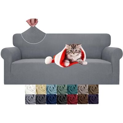 JIVINER Hög stretch sofföverdrag för 3 kuddar, 1-del, jacquard, elastiskt sofföverdrag, halkfritt sofföverdrag med elastisk botten, möbelskydd för barn, husdjur (soffa, ljusgrå) JIVINER Hög stretch sofföverdrag för 3 kuddar, 1-del, jacquard, elastiskt sofföverdrag, halkfritt sofföverdrag med elastisk botten, möbelskydd för barn, husdjur (soffa, ljusgrå)