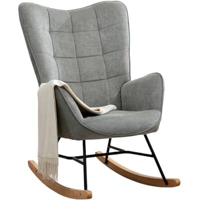 MEUBLE COSY Gungstol, gungstol, relaxstol, fåtölj med armstöd och vadderad sits för vardagsrum, sovrum, metallram och träbas, tyg, grå, trä, 66 x 84 x 97 cm MEUBLE COSY Gungstol, gungstol, relaxstol, fåtölj med armstöd och vadderad sits för vardagsrum, sovrum, metallram och träbas, tyg, grå, trä, 66 x 84 x 97 cm