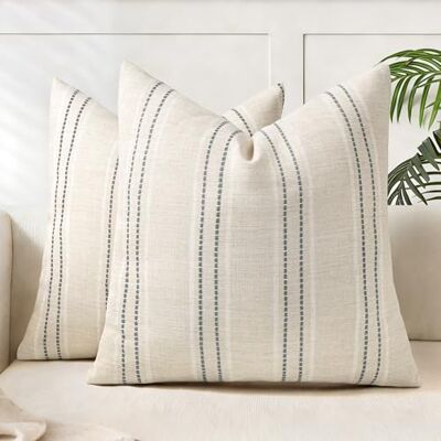 AELS 45 x 45 dekorativt bondgård linne prydnadskudde, boho texturerat kuddfodral, set med 2, beige med vit och grå söm garn färgad rand kuddöverdrag för soffa vardagsrum (endast fodral) AELS 45 x 45 dekorativt bondgård linne prydnadskudde, boho texturerat kuddfodral, set med 2, beige med vit och grå söm garn färgad rand kuddöverdrag för soffa vardagsrum (endast fodral)