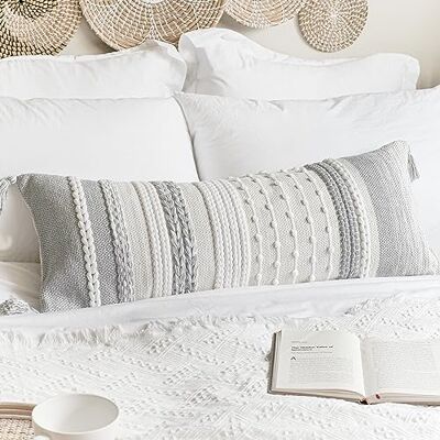 BlissBlush grått dekorativt avlångt kuddfodral 35 x 91 cm, boho-lång kroppskudde för säng, lantlig ländryggskudde för soffa, modernt texturerat kuddfodral BlissBlush grått dekorativt avlångt kuddfodral 35 x 91 cm, boho-lång kroppskudde för säng, lantlig ländryggskudde för soffa, modernt texturerat kuddfodral
