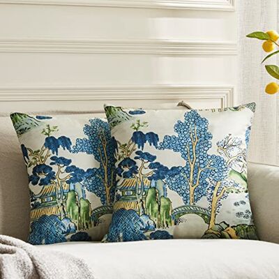 BLESFEST Förpackning med 2, Chinoiserie kuddöverdrag 50 x 50 cm thibaut asiatisk naturskön blå och grön prydnadskudde överdrag linne bondgård träd löv kuddfodral kuddöverdrag för soffa vardagsrum BLESFEST Förpackning med 2, Chinoiserie kuddöverdrag 50 x 50 cm thibaut asiatisk naturskön blå och grön prydnadskudde överdrag linne bondgård träd löv kuddfodral kuddöverdrag för soffa vardagsrum