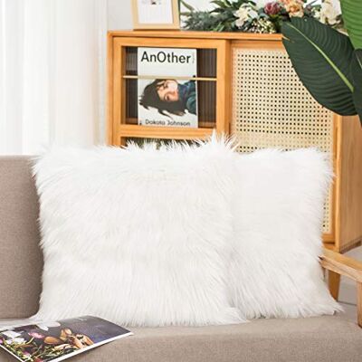HYSEAS Uppsättning av 2 dekorativa fuskpäls prydnadskuddöverdrag, vit fluffig mjuk luddig fyrkantig kuddfodral för soffa, soffa, stol, säng, café, 45 x 45 cm HYSEAS Uppsättning av 2 dekorativa fuskpäls prydnadskuddöverdrag, vit fluffig mjuk luddig fyrkantig kuddfodral för soffa, soffa, stol, säng, café, 45 x 45 cm
