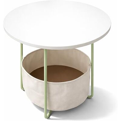 Relaxdays Sidobord, runt soffbord, med tygkorg, HD 50 x 45 cm, soffbord, vardagsrum, MDF, metall, salvia-kräm Relaxdays Sidobord, runt soffbord, med tygkorg, HD 50 x 45 cm, soffbord, vardagsrum, MDF, metall, salvia-kräm