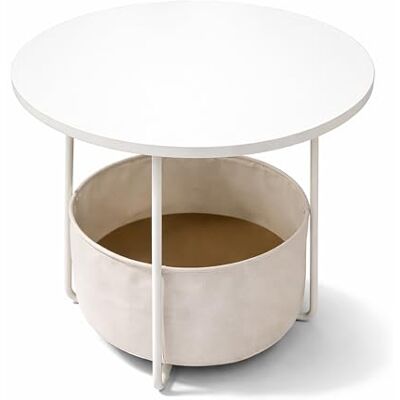 Relaxdays Sidobord, runt soffbord, med tygkorg, HD 50 x 45 cm, soffbord vardagsrum, MDF och metall, beige-grädde Relaxdays Sidobord, runt soffbord, med tygkorg, HD 50 x 45 cm, soffbord vardagsrum, MDF och metall, beige-grädde