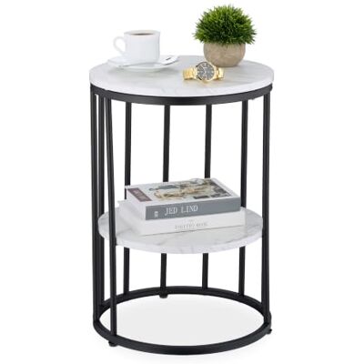 Relaxdays sidobord i marmorlook, 2 hyllplan, vit/svart Metall och MDF, runt soffbord, för vardagsrummet Relaxdays sidobord i marmorlook, 2 hyllplan, vit/svart Metall och MDF, runt soffbord, för vardagsrummet