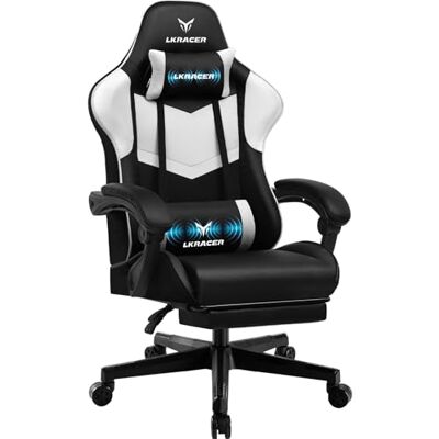 LUCKRACER Gamingstol med fotstöd kontorsstol ergonomisk med justerbar ländryggskudde, huvudkudde spelstol, höjdjusterbar gamerstol, 150 kg lastkapacitet vit LUCKRACER Gamingstol med fotstöd kontorsstol ergonomisk med justerbar ländryggskudde, huvudkudde spelstol, höjdjusterbar gamerstol, 150 kg lastkapacitet vit