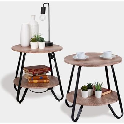 MEUBLE COSY sängbord set om 2 sidobord nattduksbord med öppna hyllor vardagsrumsbord soffbord för sovrum vardagsrum kontor, industri, gjord av ingenjörsträ metall, ljusbrun svart MEUBLE COSY sängbord set om 2 sidobord nattduksbord med öppna hyllor vardagsrumsbord soffbord för sovrum vardagsrum kontor, industri, gjord av ingenjörsträ metall, ljusbrun svart