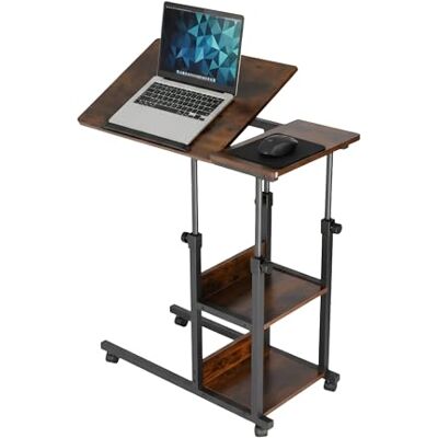 Relaxdays laptop-skrivbord, justerbar höjd 63-90 cm, lutbart, mobilbord med hjul, 2 hyllor, C-form, brun/svart Relaxdays laptop-skrivbord, justerbar höjd 63-90 cm, lutbart, mobilbord med hjul, 2 hyllor, C-form, brun/svart