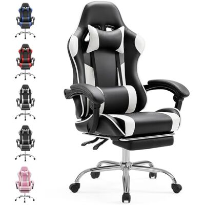 Sweetcrispy Videospel skrivbordsstol – ergonomisk datorstol med fotstöd och bekvämt ländryggsstöd, PU-läder liggstol med nackstöd, vit Sweetcrispy Videospel skrivbordsstol – ergonomisk datorstol med fotstöd och bekvämt ländryggsstöd, PU-läder liggstol med nackstöd, vit