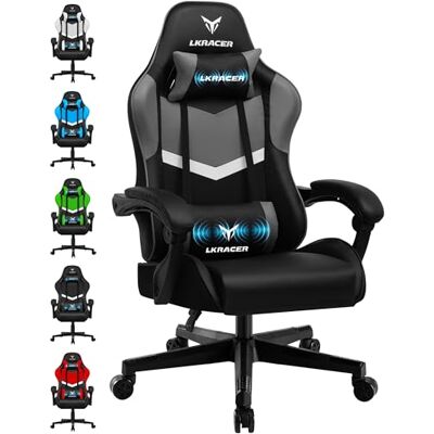 GTPLAYER Gamingstol kontorsstol massage gamingfåtölj ergonomisk gamingstol, nackstöd massage ländryggskudde, vadderad spelstol, snurrfåtölj, grå GTPLAYER Gamingstol kontorsstol massage gamingfåtölj ergonomisk gamingstol, nackstöd massage ländryggskudde, vadderad spelstol, snurrfåtölj, grå