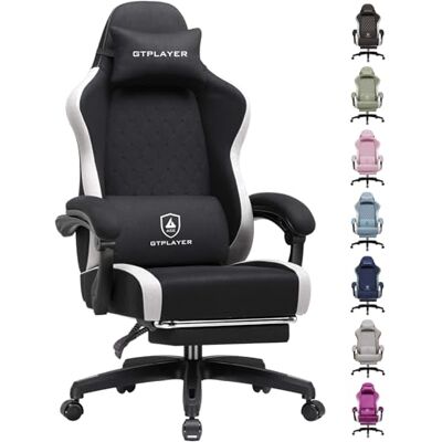 GTPLAYER Ergonomisk gamingstol, kontorsstol i andningsbart tyg, stor och hög, svängbar, med fotstöd, justerbart svankstöd och nackstöd, Svart GTPLAYER Ergonomisk gamingstol, kontorsstol i andningsbart tyg, stor och hög, svängbar, med fotstöd, justerbart svankstöd och nackstöd, Svart