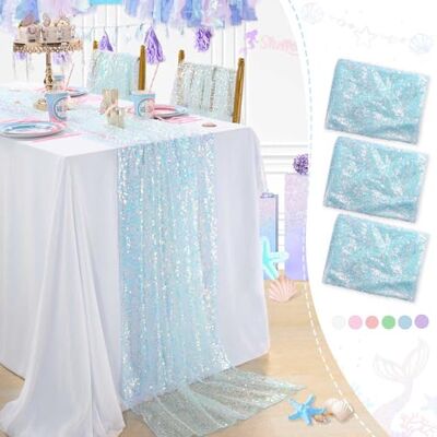 QueenDream 65 x 300 cm blå bordslöpare paljett bordslöpare för rektangel bord baby haj födelsedag iriserande festdekorationer 3 delar QueenDream 65 x 300 cm blå bordslöpare paljett bordslöpare för rektangel bord baby haj födelsedag iriserande festdekorationer 3 delar
