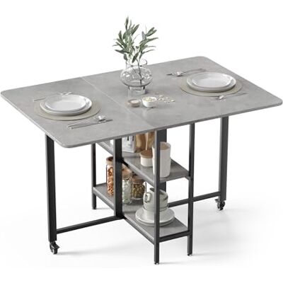 Mondeer Mobilt vikbart matbord, hängande bladbord med 2 öppna förvaringshyllor för små utrymmen matsal kök, 120 x 80 x 75 cm, grå Mondeer Mobilt vikbart matbord, hängande bladbord med 2 öppna förvaringshyllor för små utrymmen matsal kök, 120 x 80 x 75 cm, grå