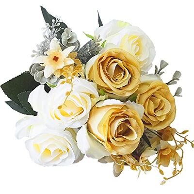 Sunlightam konstgjorda blommor, knoppande falska blommor 9 huvuden silkesrosor brud hem trädgård kontor matbord bröllopsdekor (vit + guld) Sunlightam konstgjorda blommor, knoppande falska blommor 9 huvuden silkesrosor brud hem trädgård kontor matbord bröllopsdekor (vit + guld)
