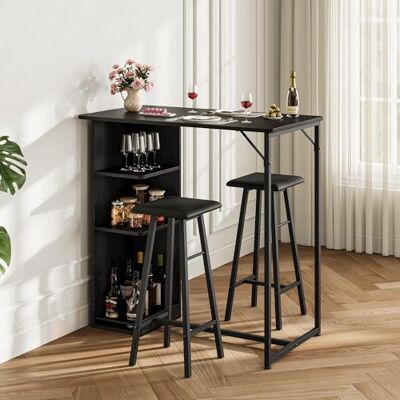 Garvee Industriell baruppsättning 3 delar med 3 hyllor – bord och 2 pallar, kopphållare – perfekt för kök eller litet matrum – svart med svart ram och kudde Garvee Industriell baruppsättning 3 delar med 3 hyllor – bord och 2 pallar, kopphållare – perfekt för kök eller litet matrum – svart med svart ram och kudde