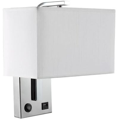 VoltShine 1 x E27 vägglampa med USB-port, krom och vit panel, mått 27 x 25 x 15 cm, inkluderar strömbrytare; perfekt för belysning och laddning av enheter. VoltShine 1 x E27 vägglampa med USB-port, krom och vit panel, mått 27 x 25 x 15 cm, inkluderar strömbrytare; perfekt för belysning och laddning av enheter.