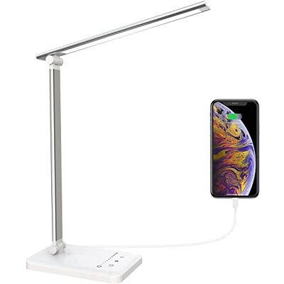 Amnossi Skrivbord LED dimbar bord 5 färger och 5 ljusstyrkenivåer sänglampa USB-port för laddning av smarttelefonen lä för läsare, barn, silver Amnossi Skrivbord LED dimbar bord 5 färger och 5 ljusstyrkenivåer sänglampa USB-port för laddning av smarttelefonen lä för läsare, barn, silver