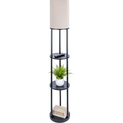 Relaxdays Golvlampa med hylla, HD: 180 x 30 cm, E27-fattning, trä och linne, modern design, golvlampa, svart-vit Relaxdays Golvlampa med hylla, HD: 180 x 30 cm, E27-fattning, trä och linne, modern design, golvlampa, svart-vit