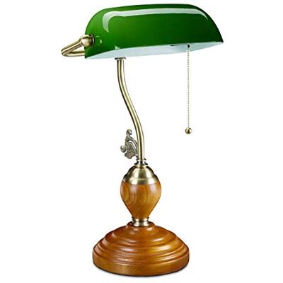 Relaxdays bankirlampa med dragbrytare, lutande glasskärm, träfot, retrodesign, E27-fattning, skrivbord, grön, 10034424, 45 x 27 x 17 cm Relaxdays bankirlampa med dragbrytare, lutande glasskärm, träfot, retrodesign, E27-fattning, skrivbord, grön, 10034424, 45 x 27 x 17 cm
