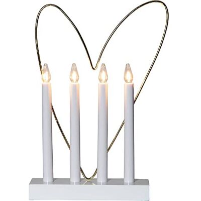 EGLO Ljusbåge, jul med 4 glödlampor, fönsterljusstakar i vitt med dekorativt hjärta i mässing, ljusbåge med kabel, E10, varmvit EGLO Ljusbåge, jul med 4 glödlampor, fönsterljusstakar i vitt med dekorativt hjärta i mässing, ljusbåge med kabel, E10, varmvit