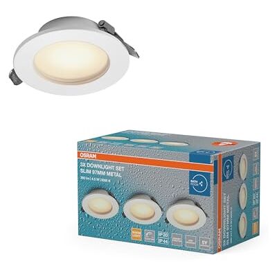 OSRAM Essential LED infälld spotlight IP44 Dim 97mm 4,5W metall, set med 3 badrumsdownlights 240lm, varmvit 3000K OSRAM Essential LED infälld spotlight IP44 Dim 97mm 4,5W metall, set med 3 badrumsdownlights 240lm, varmvit 3000K