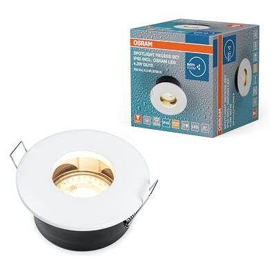 OSRAM infälld takarmatur med GU10 LED 4,3W, vit, IP65-skydd, för badrum och inomhusmiljöer, monteringstillbehör ingår OSRAM infälld takarmatur med GU10 LED 4,3W, vit, IP65-skydd, för badrum och inomhusmiljöer, monteringstillbehör ingår