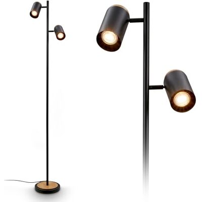 BRILONER Golvlampa med kabelbrytare, svängbara spothuvuden, 2 x GU10 uttag, stående golvlampa, stående lampa, 26 x 26 x 159,5 cm, svart-trä BRILONER Golvlampa med kabelbrytare, svängbara spothuvuden, 2 x GU10 uttag, stående golvlampa, stående lampa, 26 x 26 x 159,5 cm, svart-trä