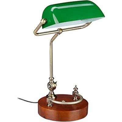 Relaxdays bankirlampa, lutande glasskärm, träfot, E27-fattning, skrivbord retro, bibliotek, grön-brun, 42 x 26 x 25 cm Relaxdays bankirlampa, lutande glasskärm, träfot, E27-fattning, skrivbord retro, bibliotek, grön-brun, 42 x 26 x 25 cm