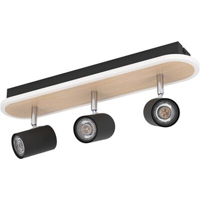EGLO Rimbocchi LED-taklampa, oval taklampa med 3 svängbara spotlights, takspotlight i svart metall med trälook, varmvitt ljus, längd 34 cm EGLO Rimbocchi LED-taklampa, oval taklampa med 3 svängbara spotlights, takspotlight i svart metall med trälook, varmvitt ljus, längd 34 cm